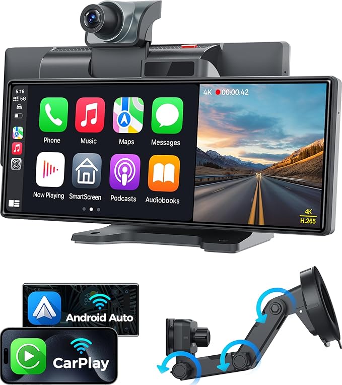JATAZA 10.26" Wireless Apple CarPlay Android Auto Car Screen - Secure Strong Bracket, 4K Dash Cam, GPS Navigation, HD Touc...