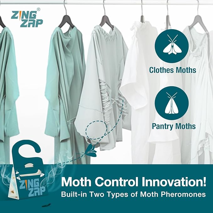 ZingZap Moth Trap 10-Pack, Slowly Releases Enhanced 2X Pheromones, Lures, Trap & Kill Pantry & Clothes Moths, Food, Wardrobe & Dresser Moth Treatment & Prevention, Odorless, Safe & Eco-Friendly