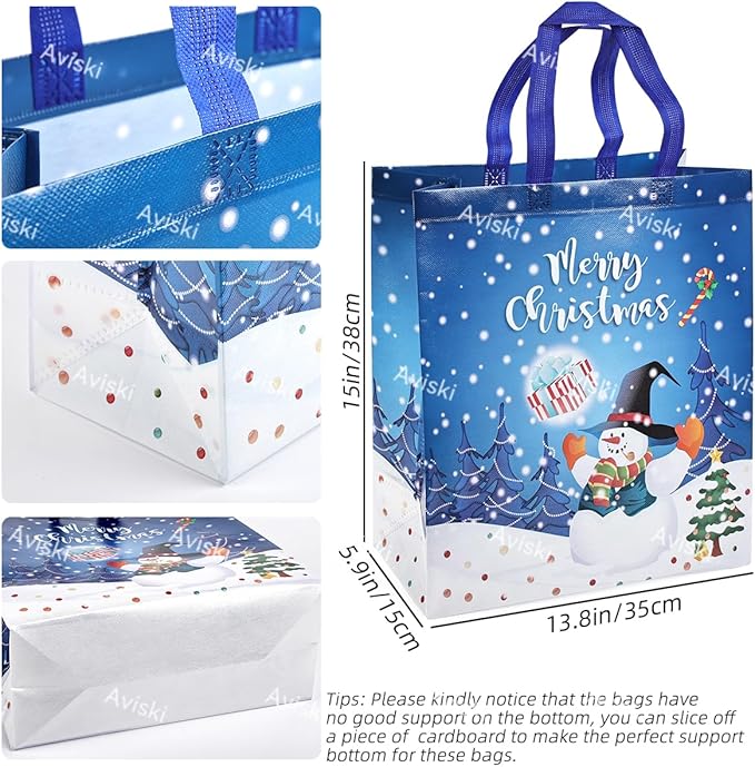 8PCS Christmas Gift Bags, Non-Woven Treat Tote Large Christmas Bags with Handles for Gifts Wrapping Shopping, Xmas Party Supplies, 15"×13.8"×5.9"