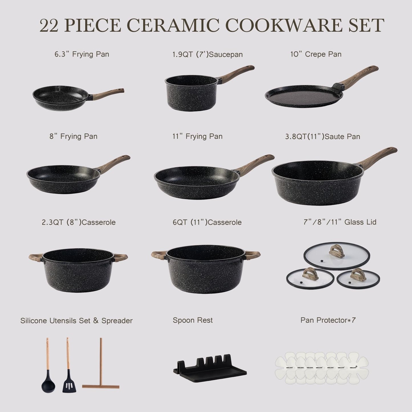 USELUCK Ceramic Cookware Set 22 Piece Nonstick Pots and Pans Set Non Stick Kitchen Cooking Sets 8"Frying Pans with Lid,Black Granite Non-Toxic Induction Kitchen Cookware w/Glass Lids PFOS/PFOA-Free