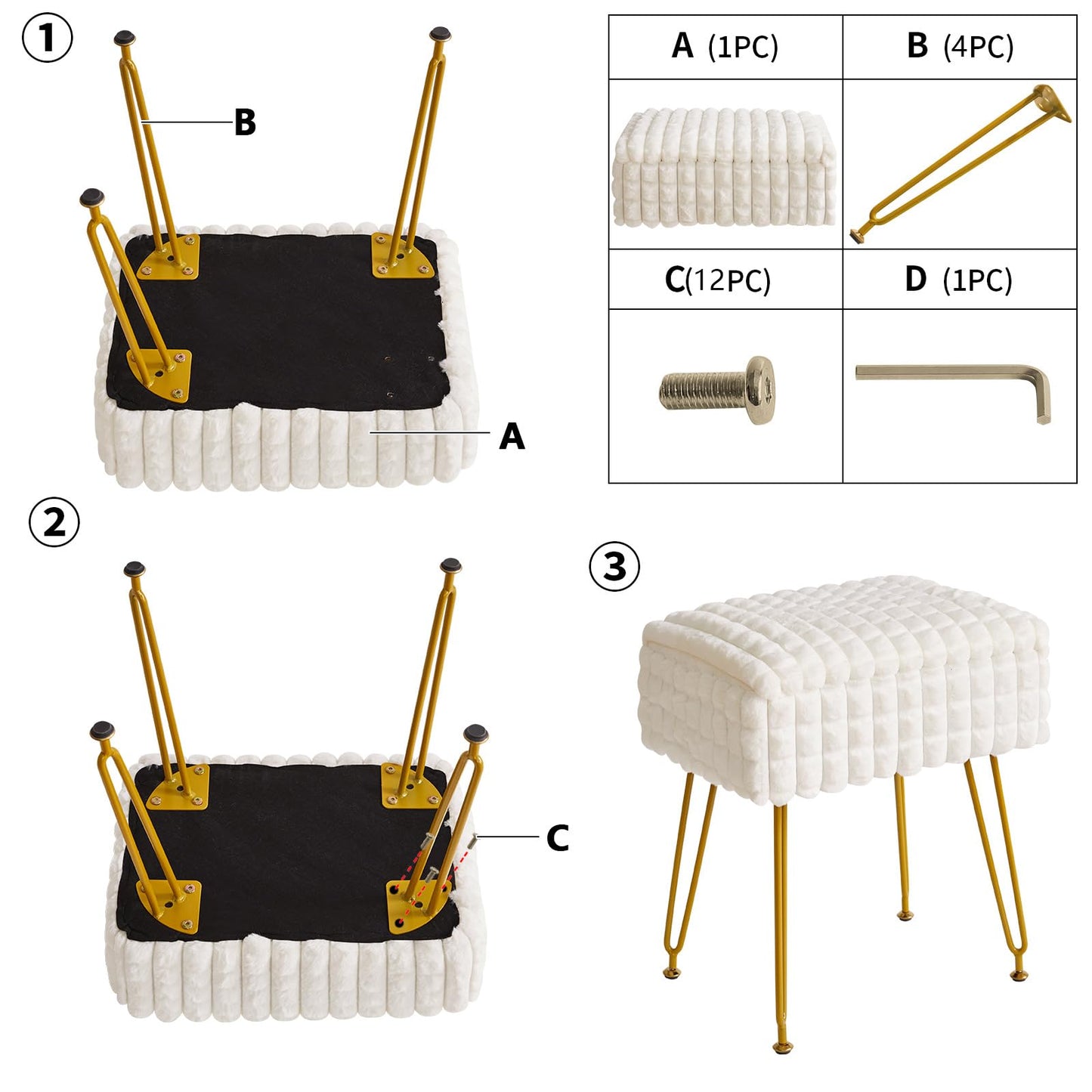 IBUYKE Rectangle Vanity Chair with Storage Space, Footrest Footstool Ottoman, Vanity Stool, Dressing Table Chair, with Anti-Slip Feet, for Makeup Room, Bedroom, Square Grid Pattern, White WBD004W