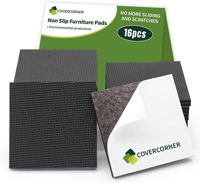 COVERCORNER Non Slip Furniture Pads 16 PCS 3'' Square - Anti Slip Furniture Pads - Self Adhesive Rubber Feet Furniture Feet - Chair Leg Floor Protectors - Keep Furniture in Place