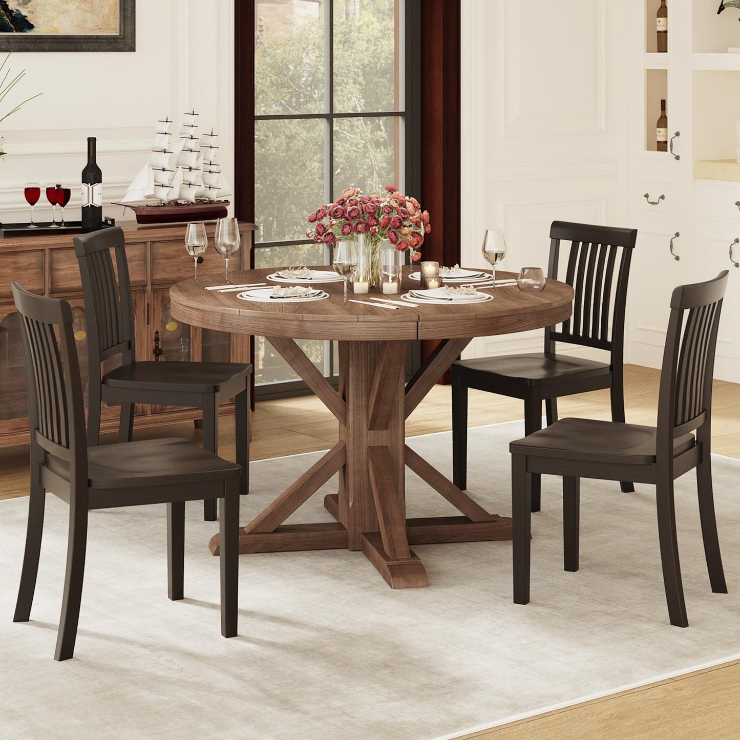 Homixis Dining Chairs Set of 6, Farmhouse Wood Chairs with Spindle High Backrest, 17.3 Inch Wood Chiars for Kitchen and Dining Room