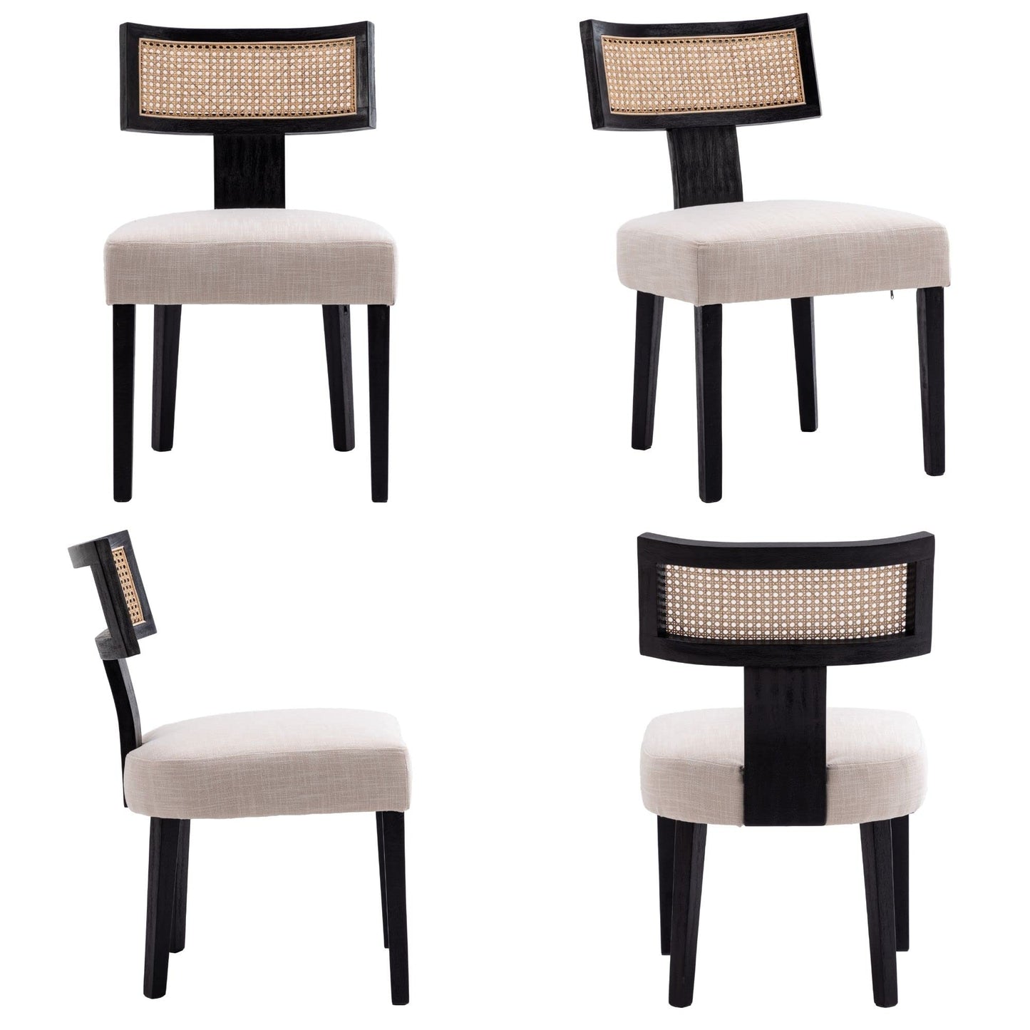 BESTANO Rattan Dining Chairs Set of 6, Mid-Century Modern Black Wooden Farmhouse Dining Chairs Linen Fabric Upholstered Kitchen Dining Room Chairs with Curved Cane Back, Beige