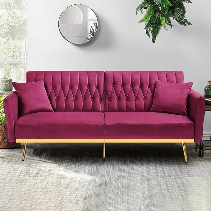 ACMEASE 70” Velvet Futon Sofa Bed with 2 Pillows and Adjustable Armrests, Convertible Sleeper Bed W/Adjustable Backrests, Modern Loveseat for Living Room, Bedroom, Fuchsia