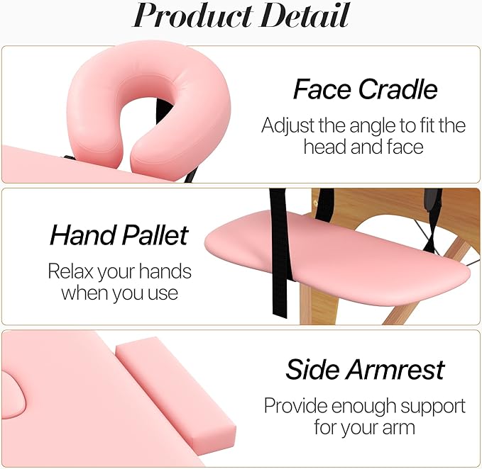 Massage Table Massage Bed, Portable 2 Section Foldable Tattoo Bed, Height Adjustable Lash Spa Bed with Face Cradle, Home Light Weight Facial Salon Bed with with Wood Frame, Light Pink