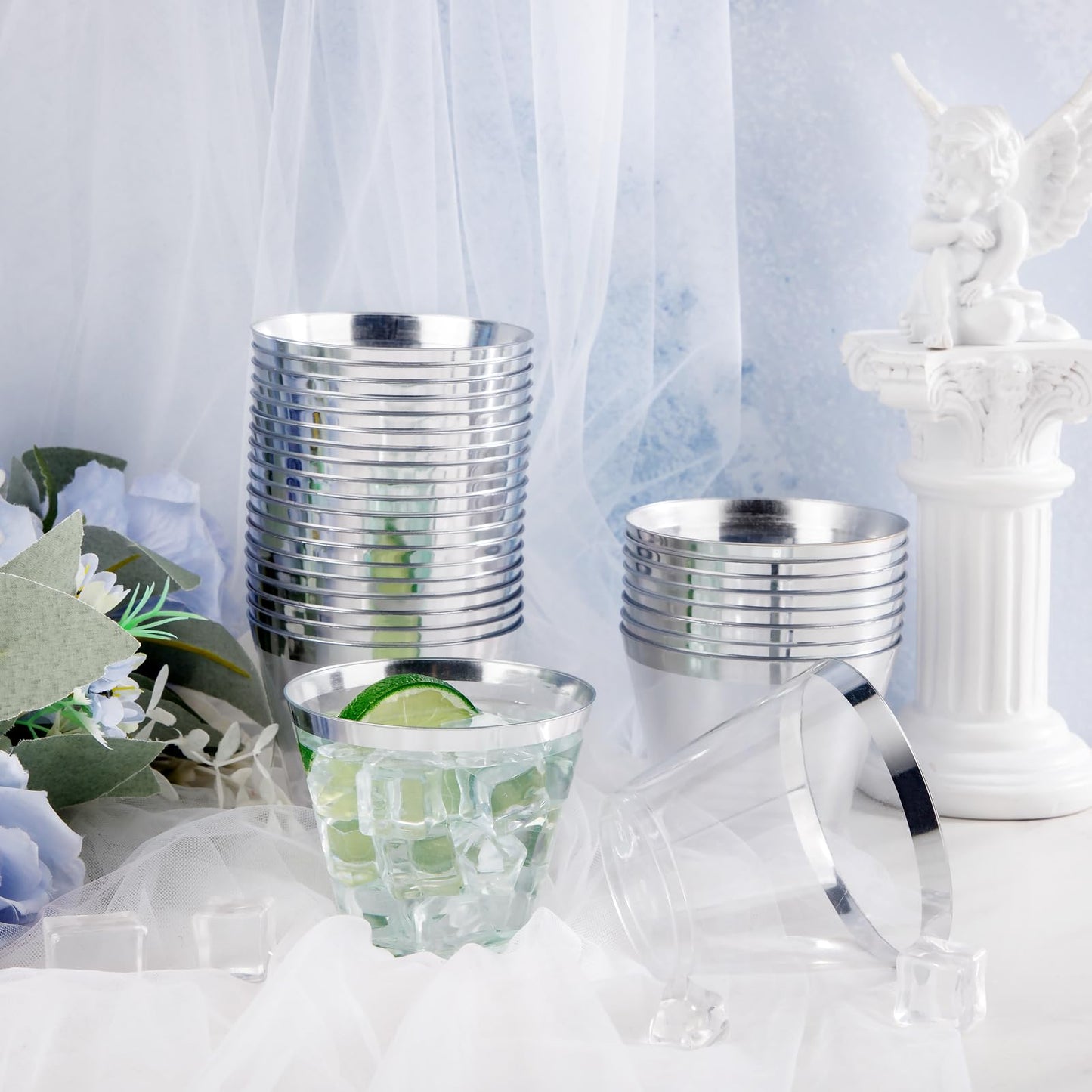 Ciaell 200PCS Silver Plastic Cups - 9Oz Heavy Duty Plastic Cups - Gold Rimmed Cup - Disposable Clear Cup with Gold Rim for Party & Wedding
