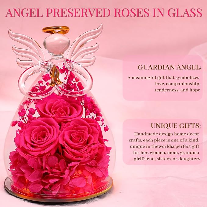 Beferr Valentines Day Rose Gifts for Her Women Mom Gifts for Birthday, Fresh Flowers for Delivery Forever Preserved Rose in Glass Angel Figurine, for Grandma Wife Daughter Girlfriend