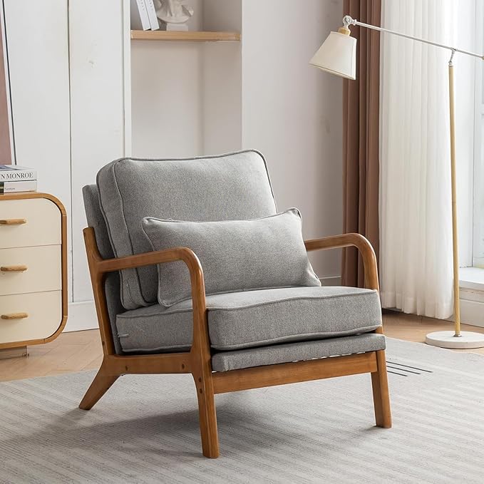 SEYNAR Mid-Century Accent Chair, Linen Fabric Lounge Chair with Wide Armrest, 13-16.5'' Low Seat Height Armchair with Lumbar Pillow & Solid Wood Frame for Living Room, Bedroom, Balcony(Light Gray)