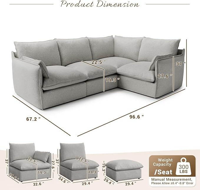 Forest aesthetics Cloud Modular Sectional,Waterproof High Backrest 4 Seater Sectional Couches,Down Filled Modular Couch with Removable Washable Cover for Living Room,Light Gray
