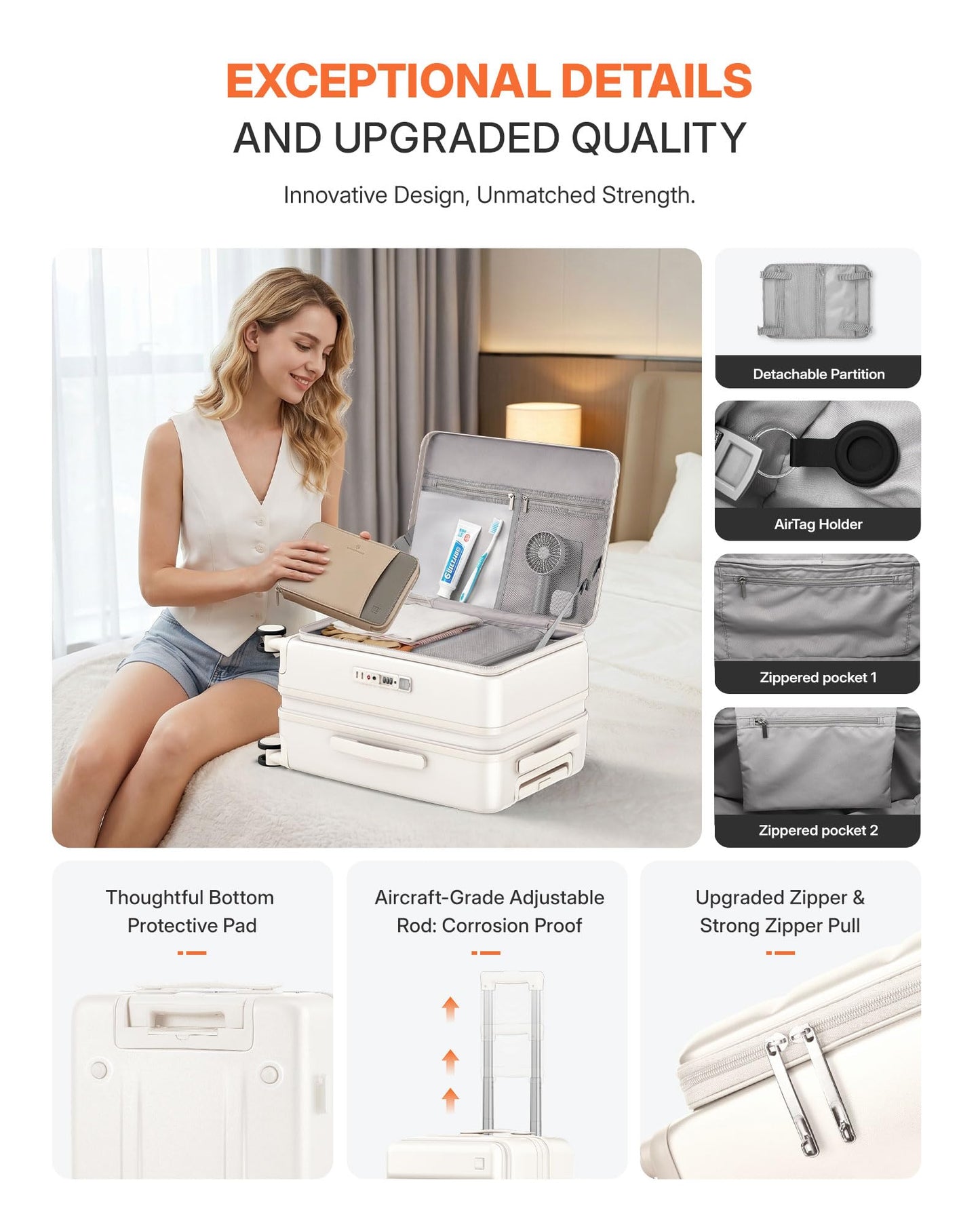 ISLAND ELEPHANT Expandable 20Inch Carry On Luggage Airline Approved - Top Opening Hardside Travel Suitcase Unbreakable -with Cup Holder,USB Charge,Side Pothook, 360°Spinner Wheels, TSA Lock-White