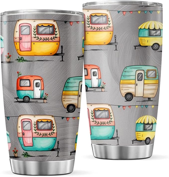 CUBICER Colorful Retro Camper Trailer Pattern Tumbler For Camping Lovers And Outdoor Travelers Stainless Steel 20 Oz Trave...