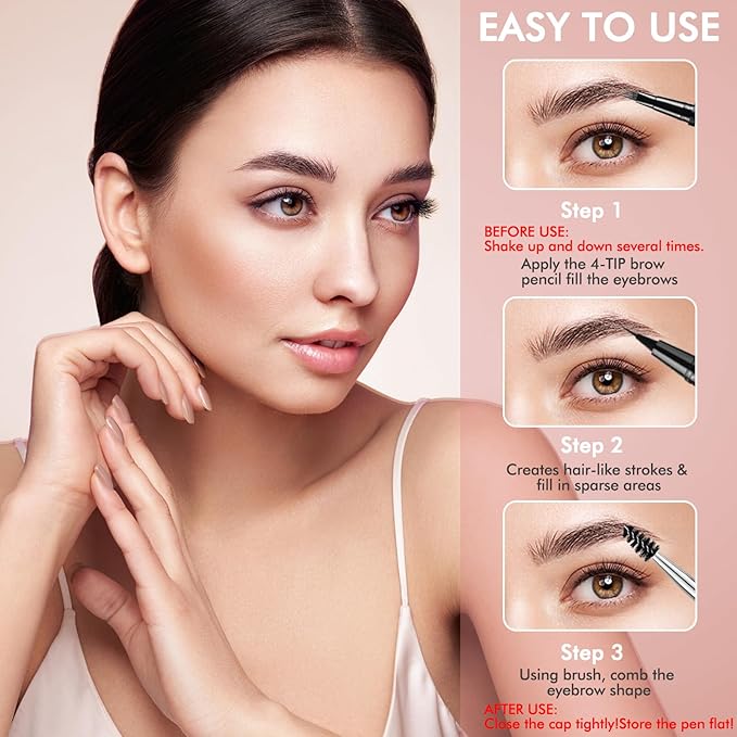 Eyebrow Pencil,2-in-1 Waterproof Eyebrow Pen with 4 Tip Brow Pen and Ultra-Precise Brow Pencil,with Dual-ended Eyebrow Brush,Eyebrow Makeup for Natural Looking Eyebrows - Ash Brown