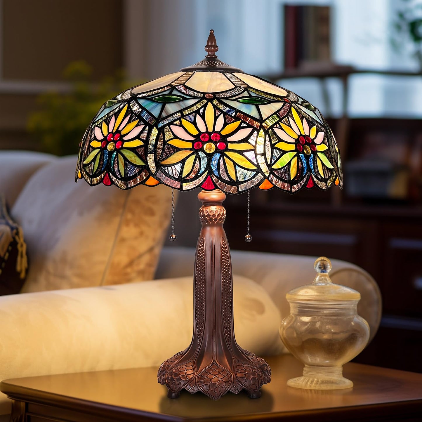 Capulina Large Tiffany Table Lamp Bedside Reading Lamp 2-Light 16X16X24 Inches Sunflower Style Stained Glass Desk Lamp for Bedrooms Living Room Study Home Office