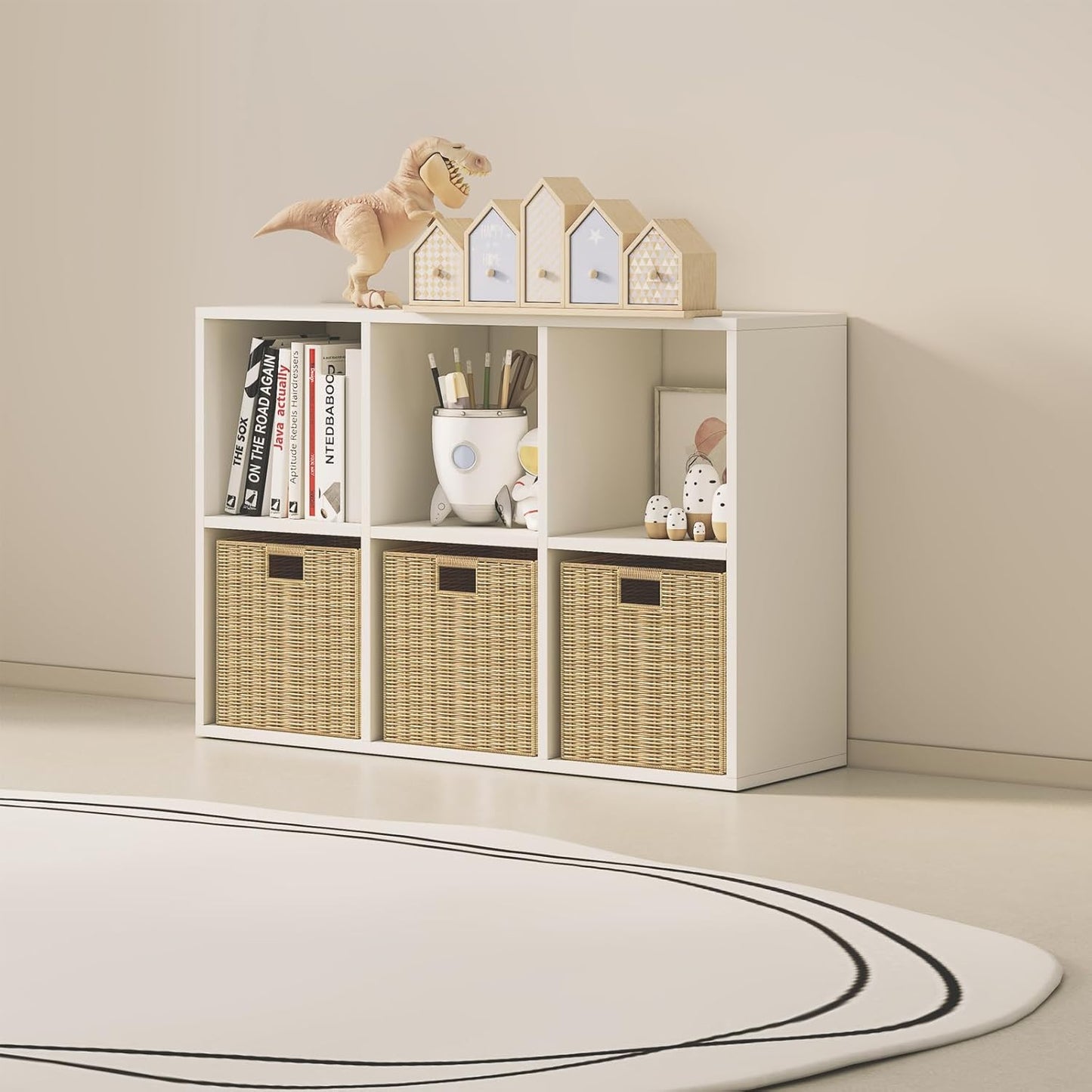 Wood Cube Storage Organizer Closet Cabinet for Living Room Bedroom Study Shelf Bookcase Wooden Floor Standing Open Bookshelf for Kids Home Office Display Storage Cabinet (White, 6-Cube, 11.81in)