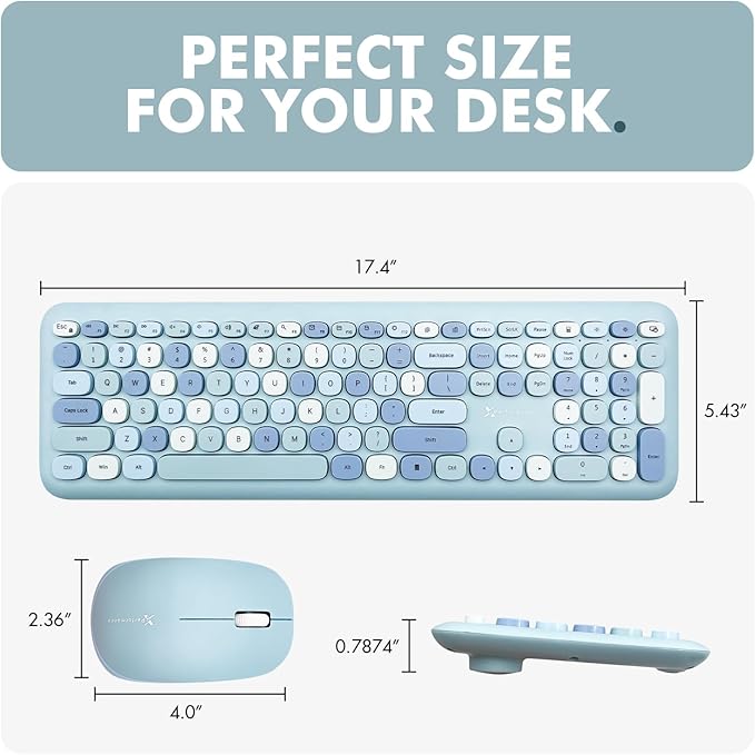 X9 Cute Keyboard and Mouse Combo - Transform Your Space with a Colorful Blue Wireless Keyboard and Mouse Retro Set (110 Keys and 18 Shortcuts) - Aesthetic Keyboard for PC Computer, Laptop
