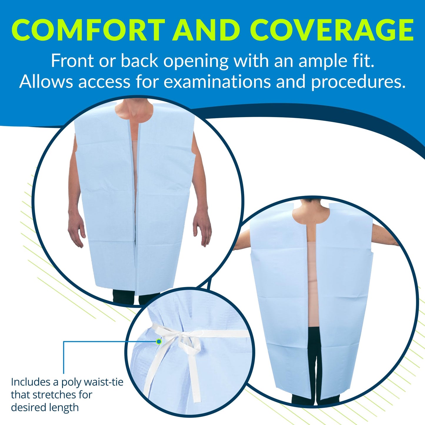 Avalon Standard Gowns, Blue (Pack of 50) ― Tissue/Poly/Tissue ― Open-Back, Waist-Tie, Short-Sleeve Medical Gowns ― Disposable Exam Gowns ― Standard Size 30” x 42” ― Latex-Free Medical Supplies (813)