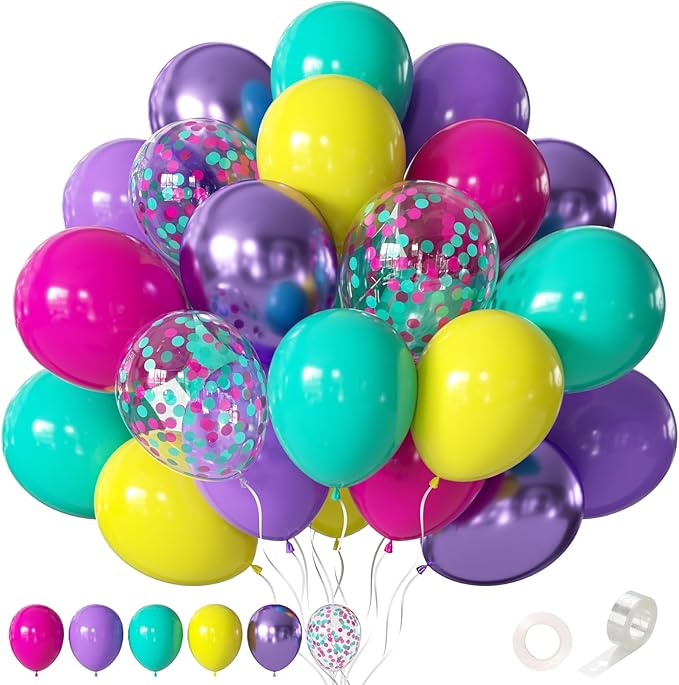 CVPARTYON Pink Blue Purple Balloon, 60 Pcs 12 Inches Hot Pink Metallic Purple Yellow Confetti Balloons for Birthday Party ...
