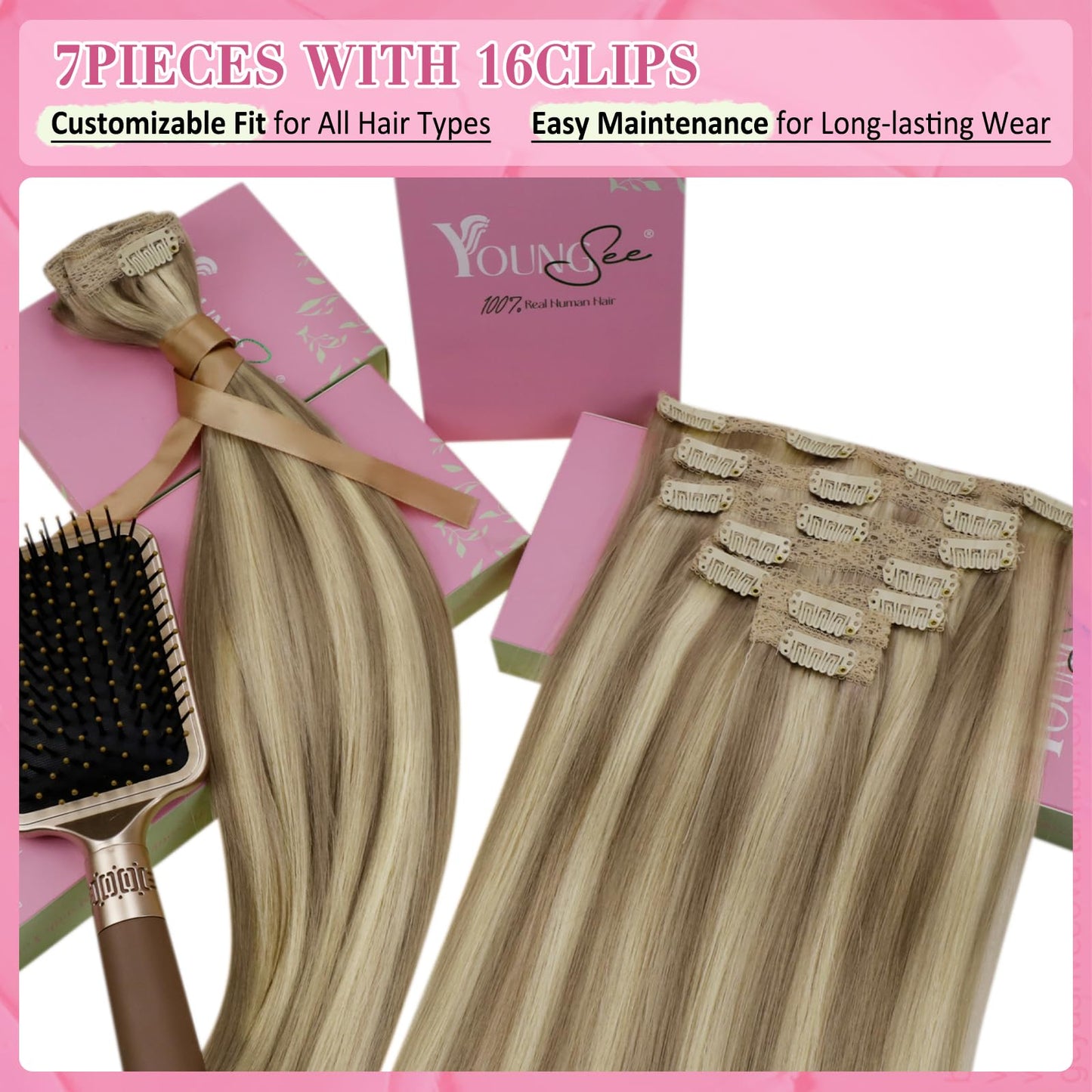 YoungSee Clip in Hair Extensions Real Human Hair Highlight Human Hair Extensions clip ins Light Brown Highlights with Blonde Cli
