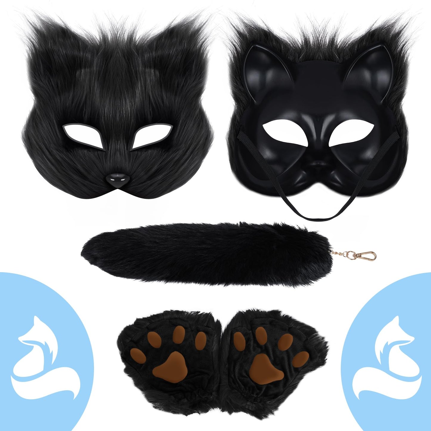 TherianMask Tail Set Furry Cat Fox Mask With Therian Paws Kit - Halloween Costume for Adults (Black)
