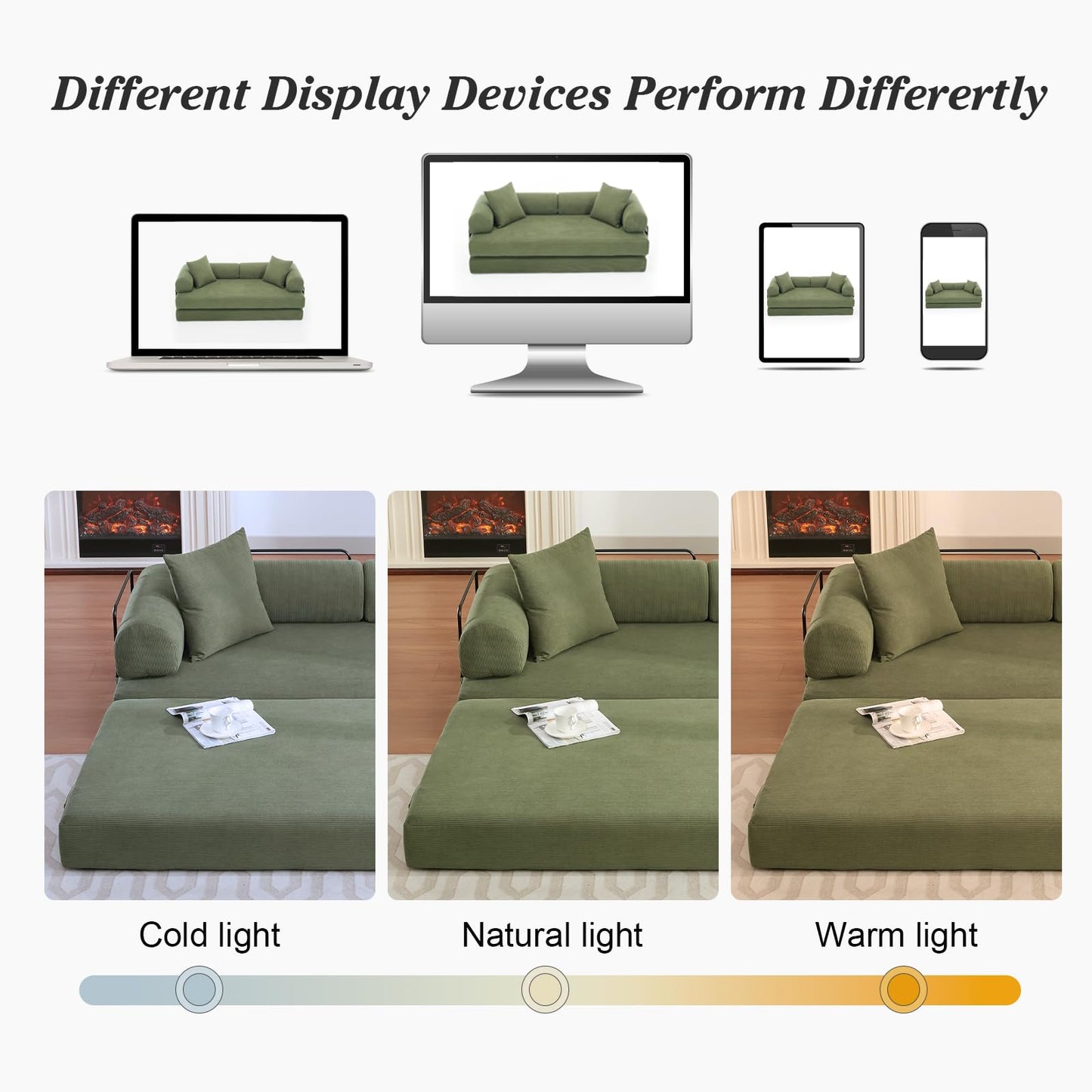 MAKIAAP 78.5'' Convertible Folding Sofa Bed – 4-in-1 Modular Floor Couch, Corduroy Small Cloud Couch, Compressed Foldable Sleeper Sofa, King Size Futon for Bedroom, Guest Room (Green)