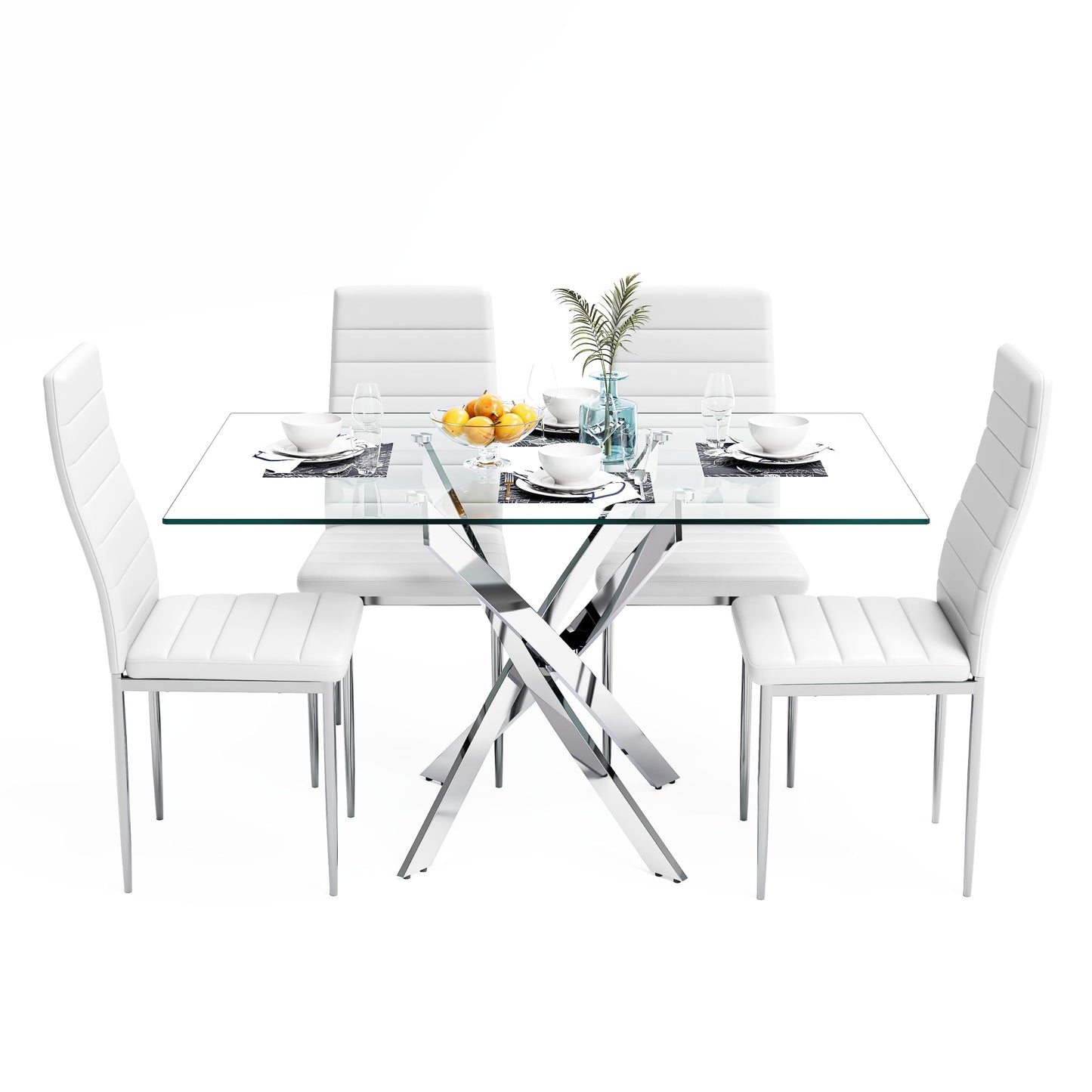 NIERN 5 Piece Dining Table Table Set, Tempered Glass Dining Table Set for 4 Kitchen Table Set with 4 Upholstered Chairs for Kitchen Dining Room (Sliver Table with White Chair)