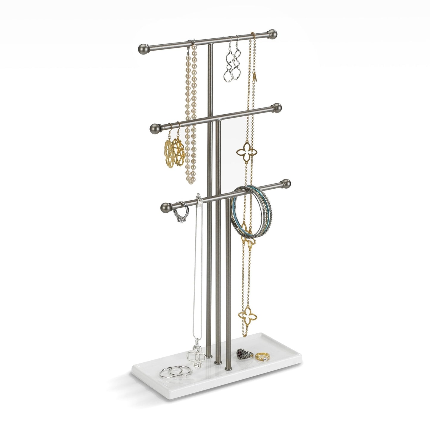 Umbra Trigem Jewelry Organizer - 3 Tier Steel Necklace Holder, Free Standing, White/Nickel, Model 299330-491-REM