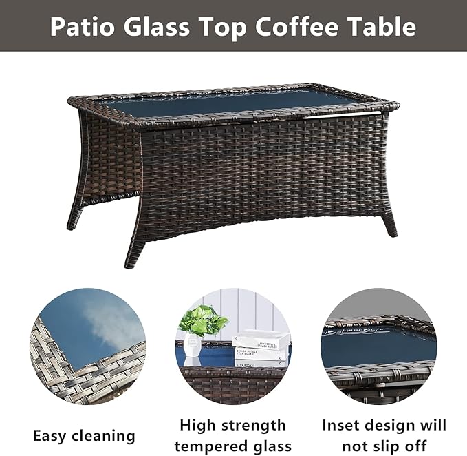 Belord Outdoor Wicker Furniture Patio Set - 7 Piece Backyard Furniture Brown Rattan Conversation Sets with Swivel Rocker Chairs, Rattan Sofa, Club Chairs and Coffee Table, Beige Cushion