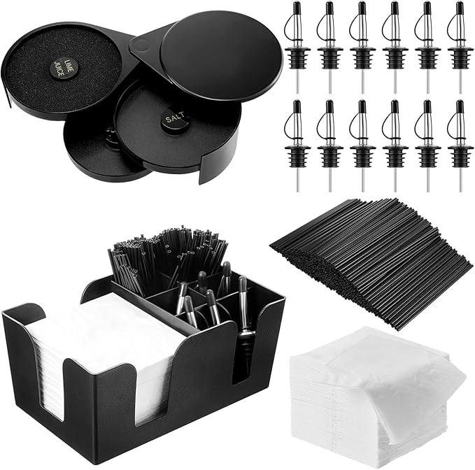 Mifoci 3 Tier Bar Glass Rimmer Bartender Tool with 12 Pcs Stainless Steel Classic Bottle Pourers, Bar Caddy with 6 Compart...