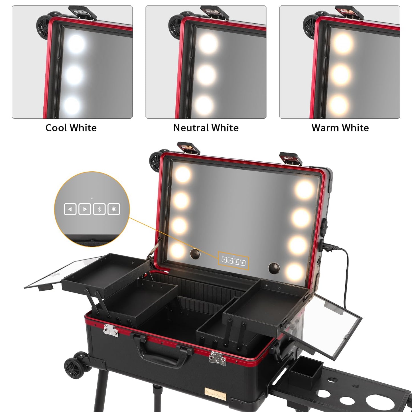 Tense Edano 20" Aluminum Ligthed Makeup Train Case with LED Lights Professional Cosmetic Organizer Studio with Speaker, Wheels and Stands Rolling Trolley Makeup Vanity Station for Travel (Black)