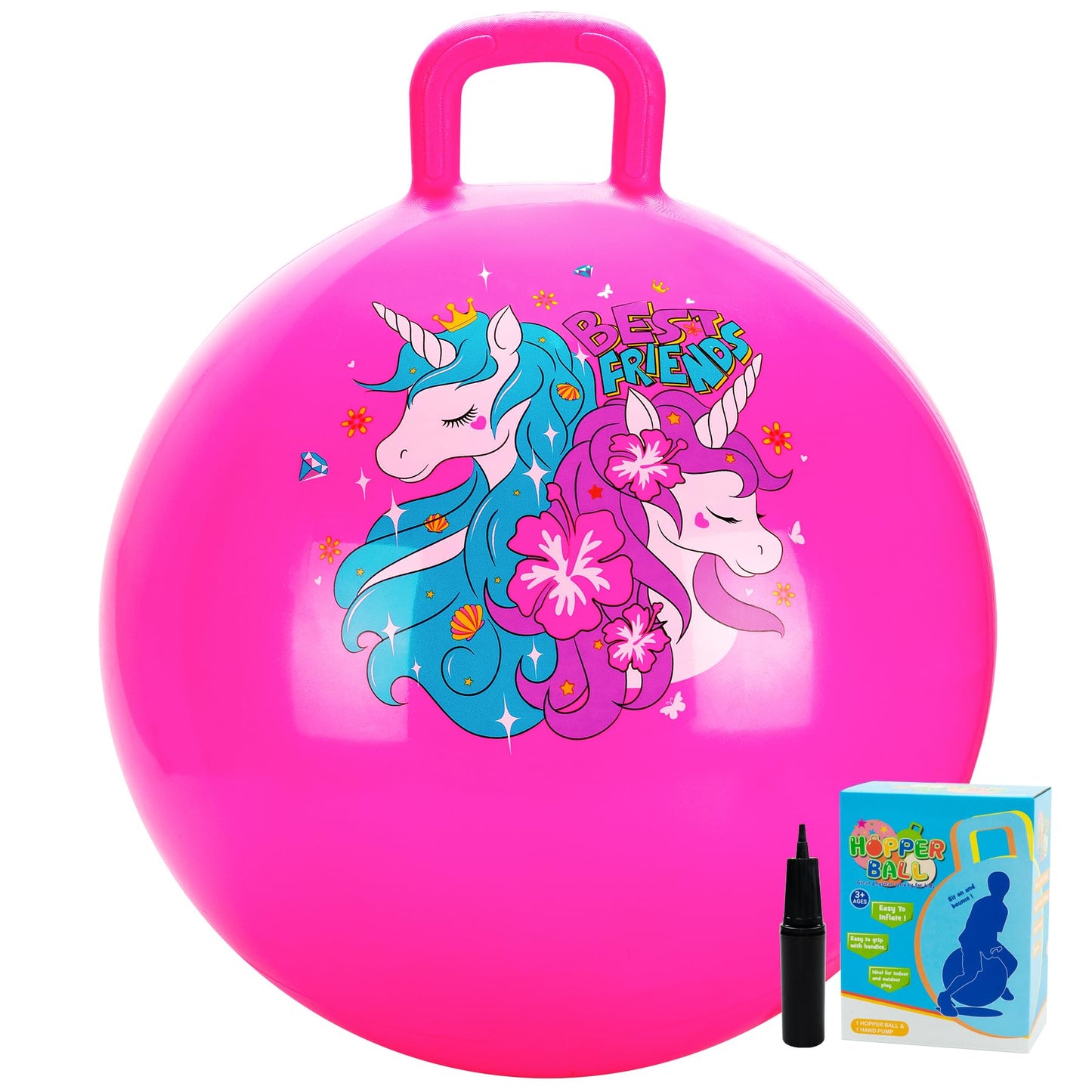 U&C Planet Hopper Ball 18 inches Bouncy Ball with Handle for Kids Age 3-6 Hoppity Hop Sit and Bounce Jumping Hopping Toy with Pump and Gift Box Great Gift for Birthday Christmas, Pink