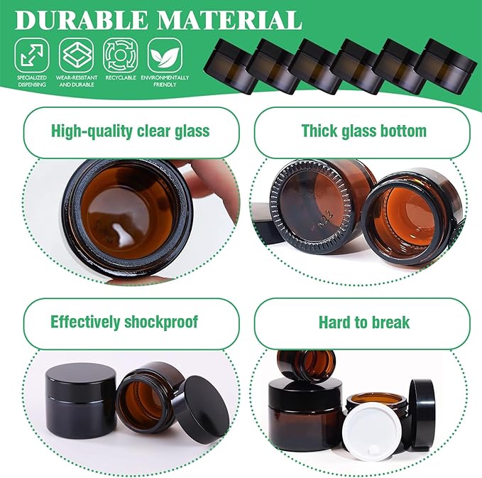 120Pcs 50g Amber Glass Jars Assortment Kit with Inner Liners and Black Lids, Spoons and blank labels for Storing Lip and Body Scrub, Lotion, Body Butter, Bath Salts