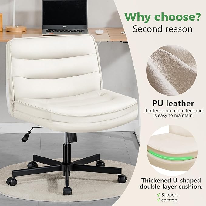 GTRACING Criss Cross Legged Office Chair with Wheels, Extra Wide Armless Comfy Desk Chair for Home Bedroom, 2 Layer Cushion Large Seat & Back Support X-Legged Chair, Beige PU Leather Adjustable Height