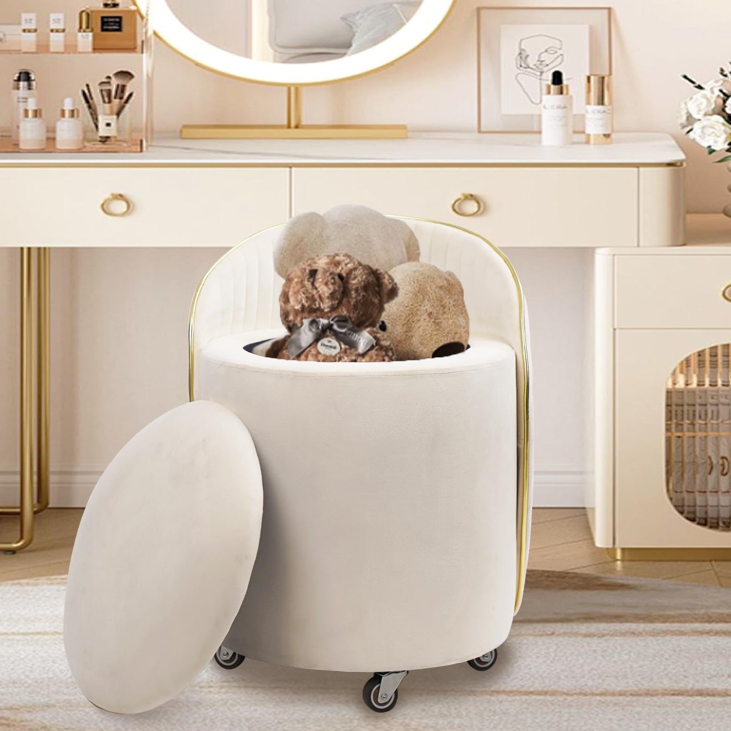 KLASIKA Round Storage Ottoman, Upholstered Velvet Vanity Stool with Lumbar Support, Swivel Rolling Wheels, Small Foot Stools Coffee Table Padded Seat for Makeup Room, Living Room, Bedroom Beige