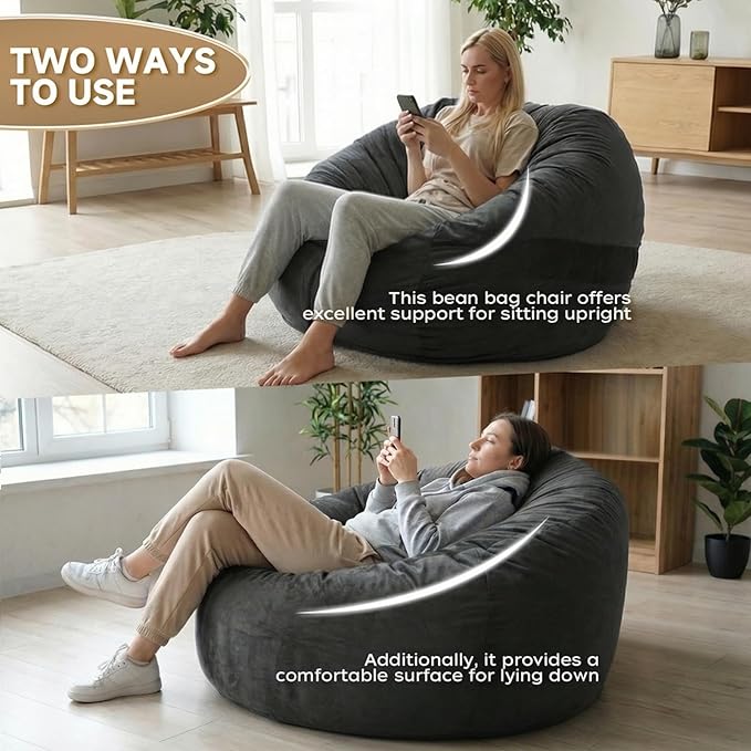 YuppieLife Large Foam Filled Bean Bag Chairs for Kids Teenagers Adults Living Room Gaming Relaxing 4F Machine Washable Lazy Sofa（Dark Grey