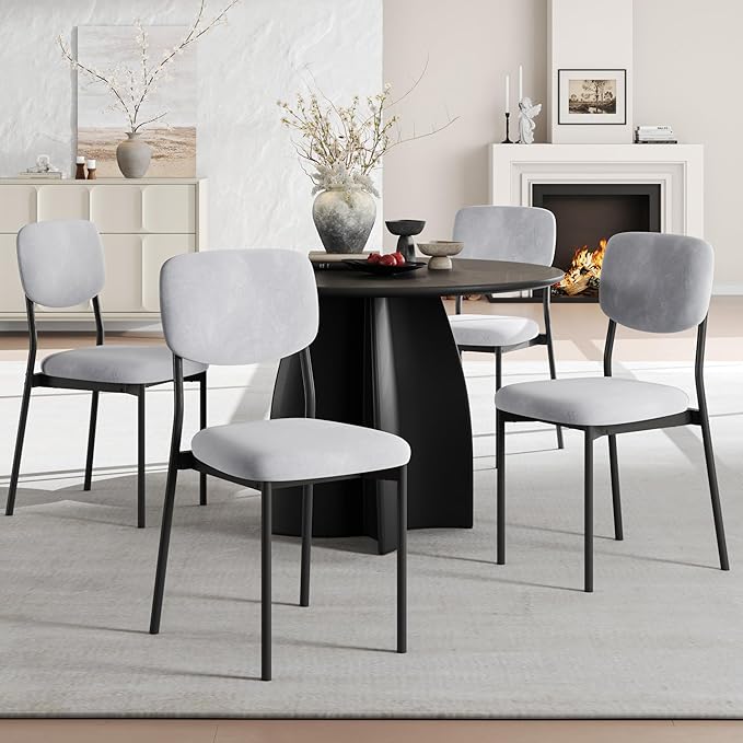Einhomn Upholstered Dining Chairs Set of 4, Stackable Modern Dining Room Chairs, Kitchen Chairs w/Soft Velvet Backrest & Sturdy Metal Legs for Restaurant, Living Room, Light Grey