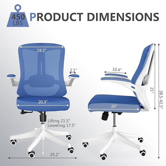 balmstar Office Chair,Ergonomic Comfy Home Desk Chair with 350LBS Capacity,High Back Gaming Chair with Wheels,Mesh Computer Chair,Lumbar Support, Adjustable Headrest,Flip-up Armrest (01Blue)