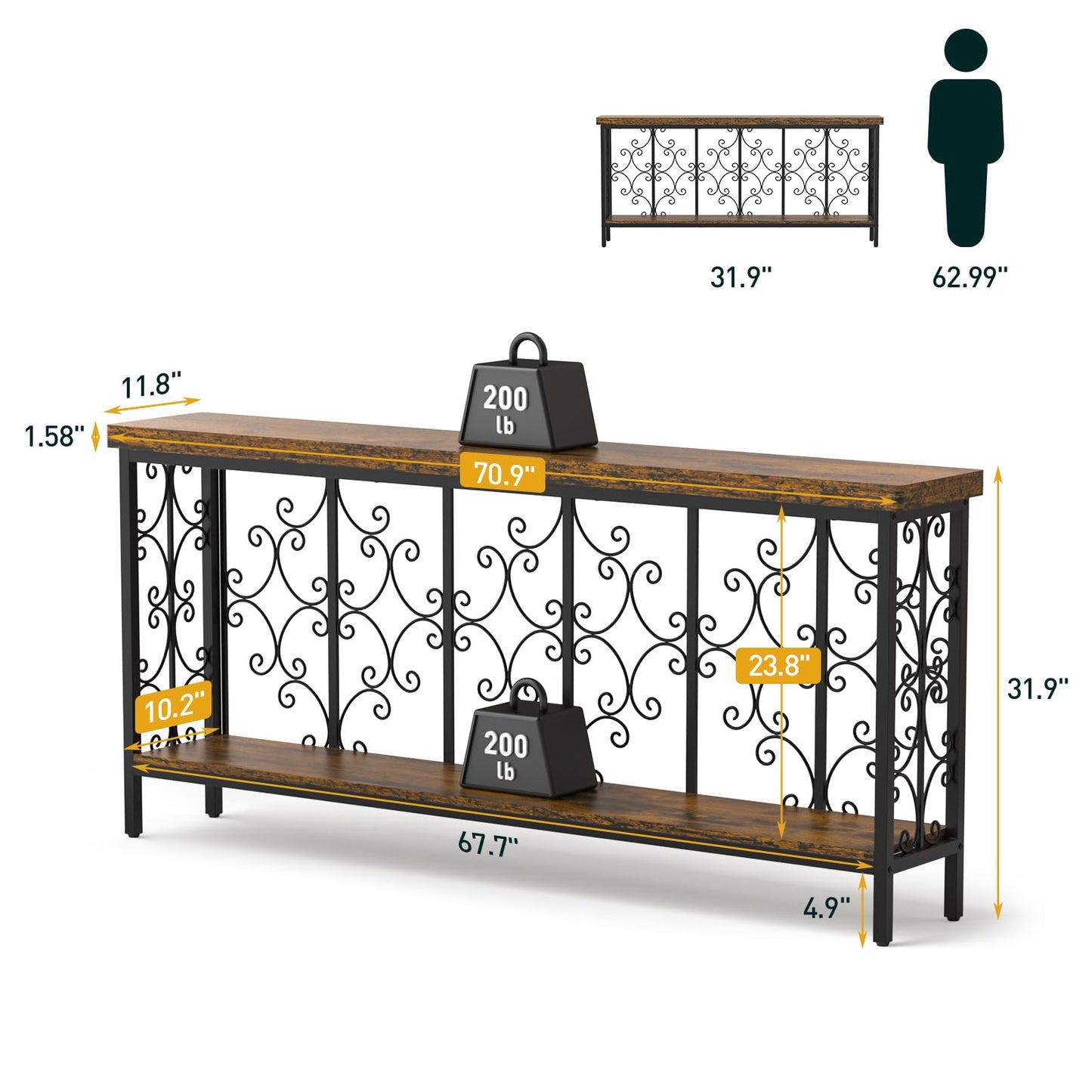 ikkle 70.9" Extra Long Console Table, Industrial Narrow Sofa Table Behind Couch with 2 Tier Storage Shelf, Entryway Hallway Accent Table for Living Room, Foyer, Rustic Brown