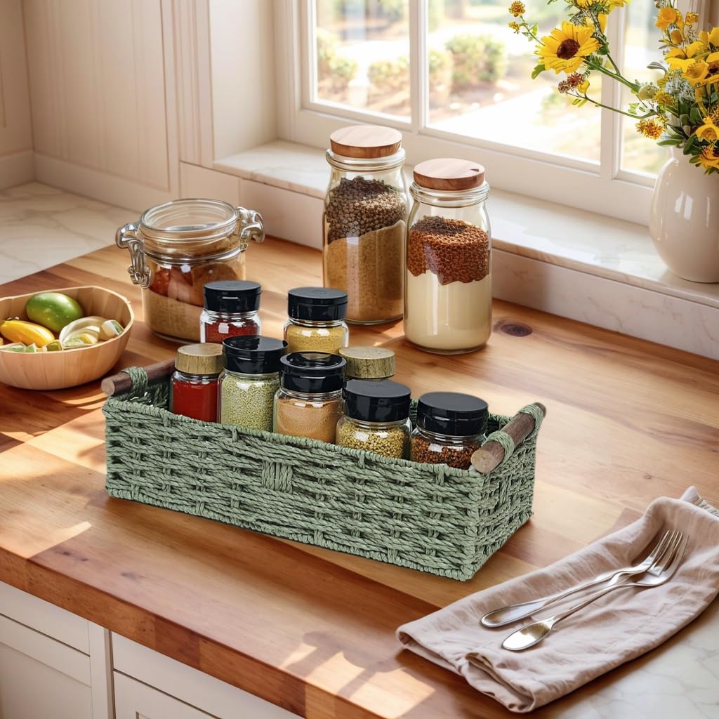 Rattanzenith Green Paper Rope Storage Basket with Wooden Handle – Handwoven Wicker Organizer Bin for Bathroom Toilet Tank Countertop Small Decorative Storage for Toilet Paper Cosmetics