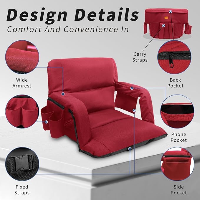 Stadium Seats with Back Support,Wide Stadium Chairs with Back and Cushion, Sofa Style Stadium Seats, 6 Reclining Positions, Extra Thick Bleacher Seat for Sports Events (Red-2 Pack,Wide|25")
