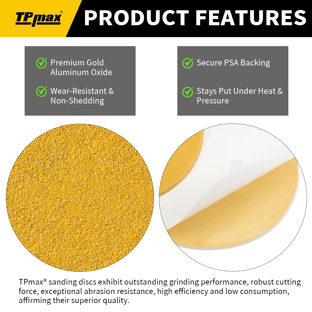 6-Inch 320-Grit Gold PSA Sanding Discs, 50 Pack – Pro-Grade Self-Adhesive Stickyback Sandpaper with Quick-Release Tabs for DA Sander, Ultra-Fine Automotive/Wood/Metal Sanding