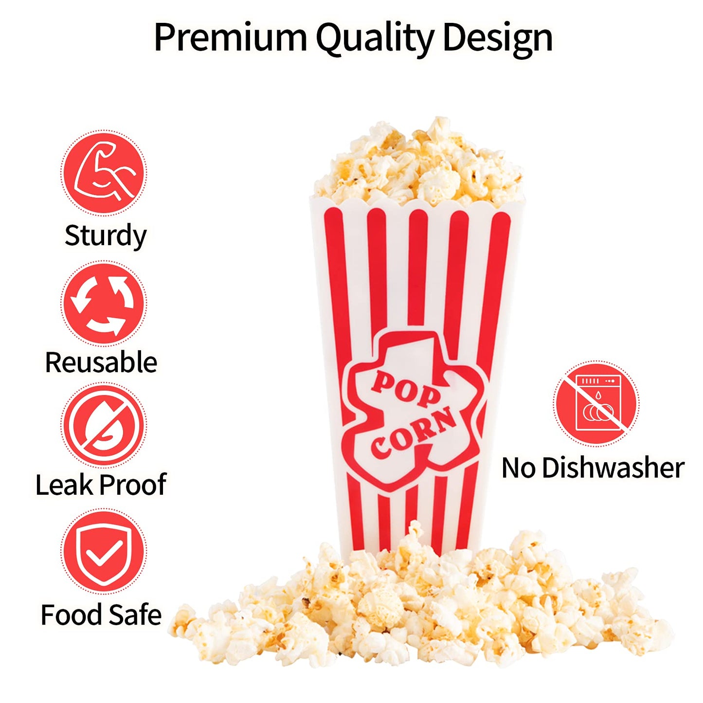 RAYMEA Plastic Popcorn Containers Red & White Striped Retro Style Reusable Popcorn Boxes for Movie Night 4”x8” (4 Pack)