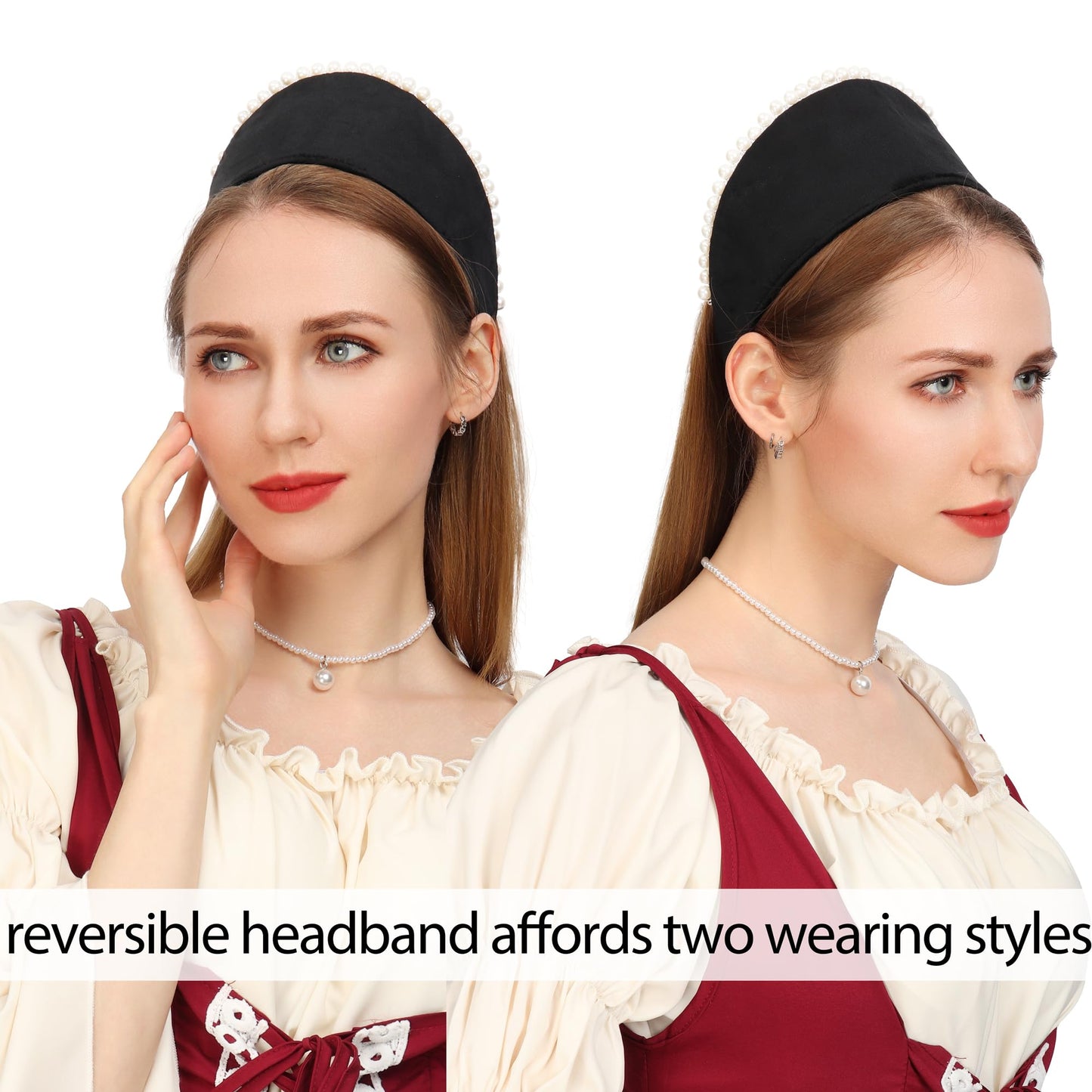 C-ZOFEK Anne Headband Pearl Tudor French Hood Gothic Renaissance Halloween Hair Accessory (Black-B)