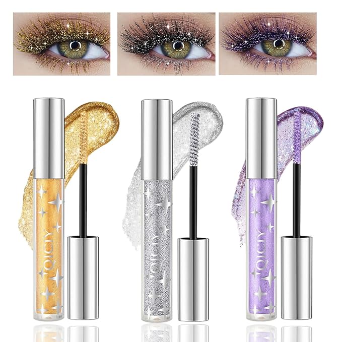 Baorder 3PCS Glitter Mascara for Eyelashes,Waterproof Long Lasting Silver Gold Purple Color Diamond Sparkly Mascara, Lengt...