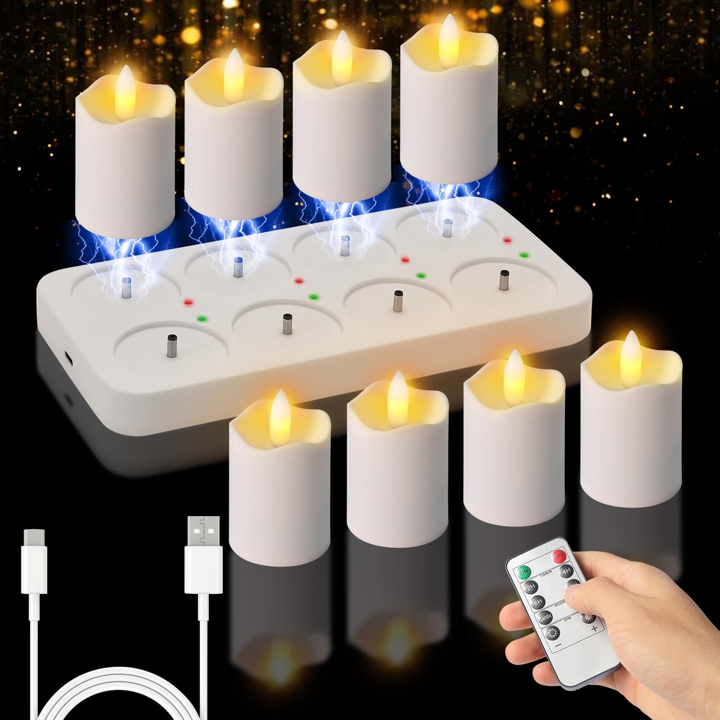 PIDZPOW Rechargeable Tea Lights Candles with Remote Timer, 2" x 2.1" Flameless LED Candles with USB Charging Base, Small Votive Candle Electric Fake Candle for Wedding Table Decor Dining (8 Pack)