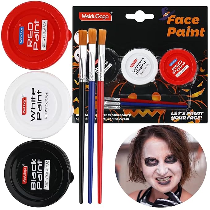 Halloween Makeup Kit, White + Black + Red Face Painting Kit for Adults 60g(2.1 oz), Body Paint Kit with Brushs for Halloween Makeup, Party, Cosplay, Theater