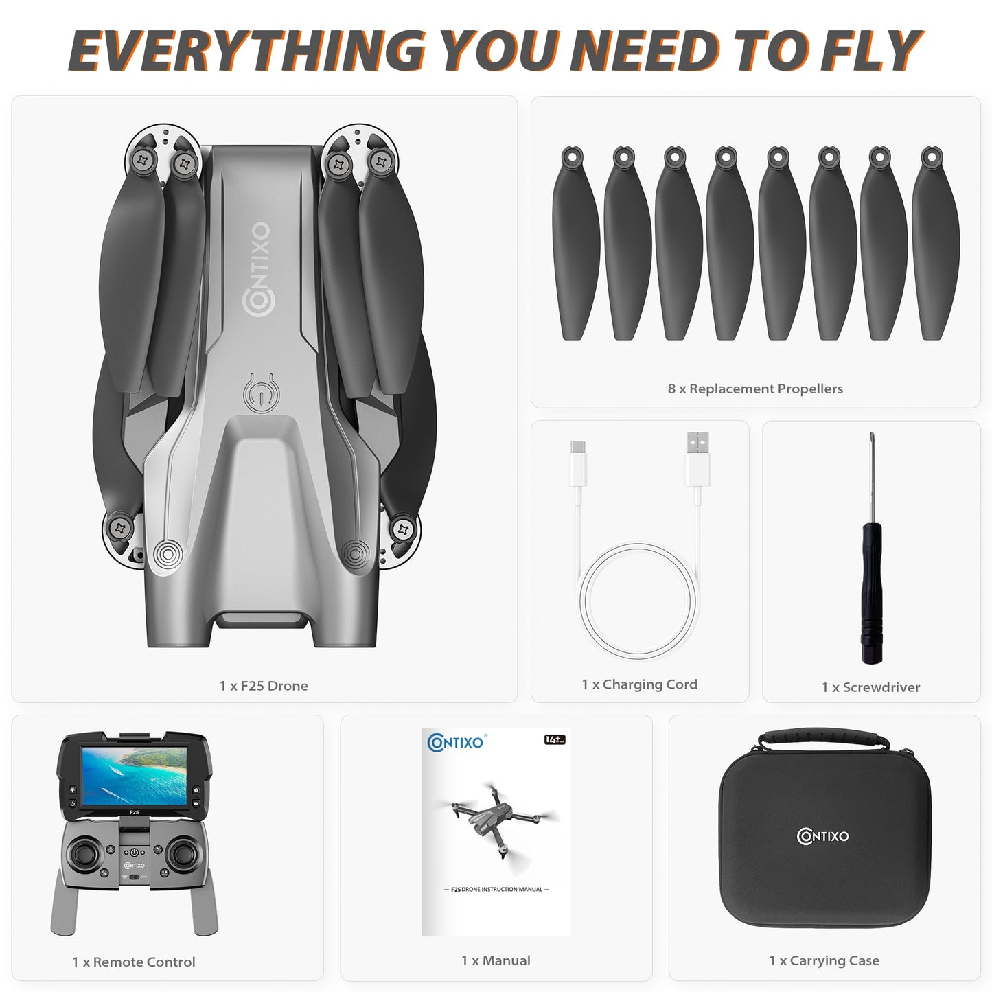 Contixo F25 GPS Drone for Adults with 1080p HD Camera, 4.3" FPV RC Screen Included, Waypoint Flight, Orbit Mode, Selfie Mode, Altitude Hold, 16 Min Flight, Carrying Case, Landing Pad, 5.9oz/167g