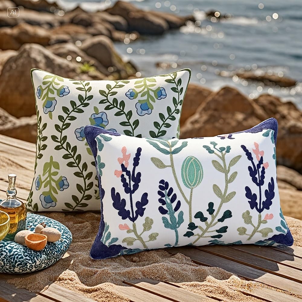 kittmin Summer Embroidered Outdoor Throw Pillow Covers – Set of 2, 12x20 Inch, Cotton, Botanical Floral Cushion Cases, Blue & Green Decorative Lumbar Pillows for Patio, Sofa, Bed & Couch(Leaf)