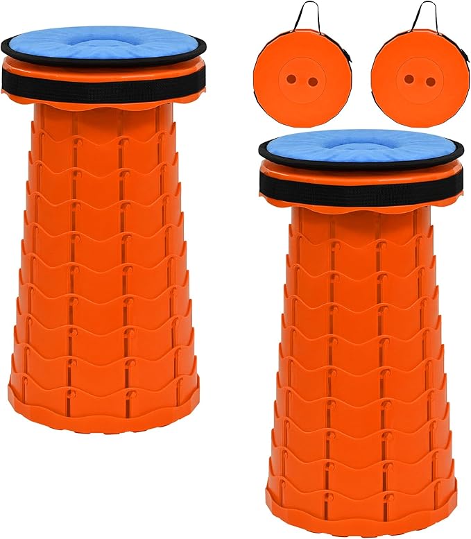 FXKS 2 Pack Upgraded Collapsible Stool Folding Stool with Cushion,Retractable Folding Stool Max Load Capacity 400lbs, Portable Telescoping Stools for Camping Hiking Outdoor BBQ -Orange