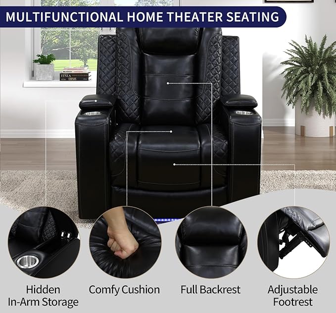 Caberryne Power Recliner Chair with LED Lights,Leather Reclining Couch with Storage Console/Arm Cup Holder for House/Home Theater/Small Space/Rv(Single Chair,Black)